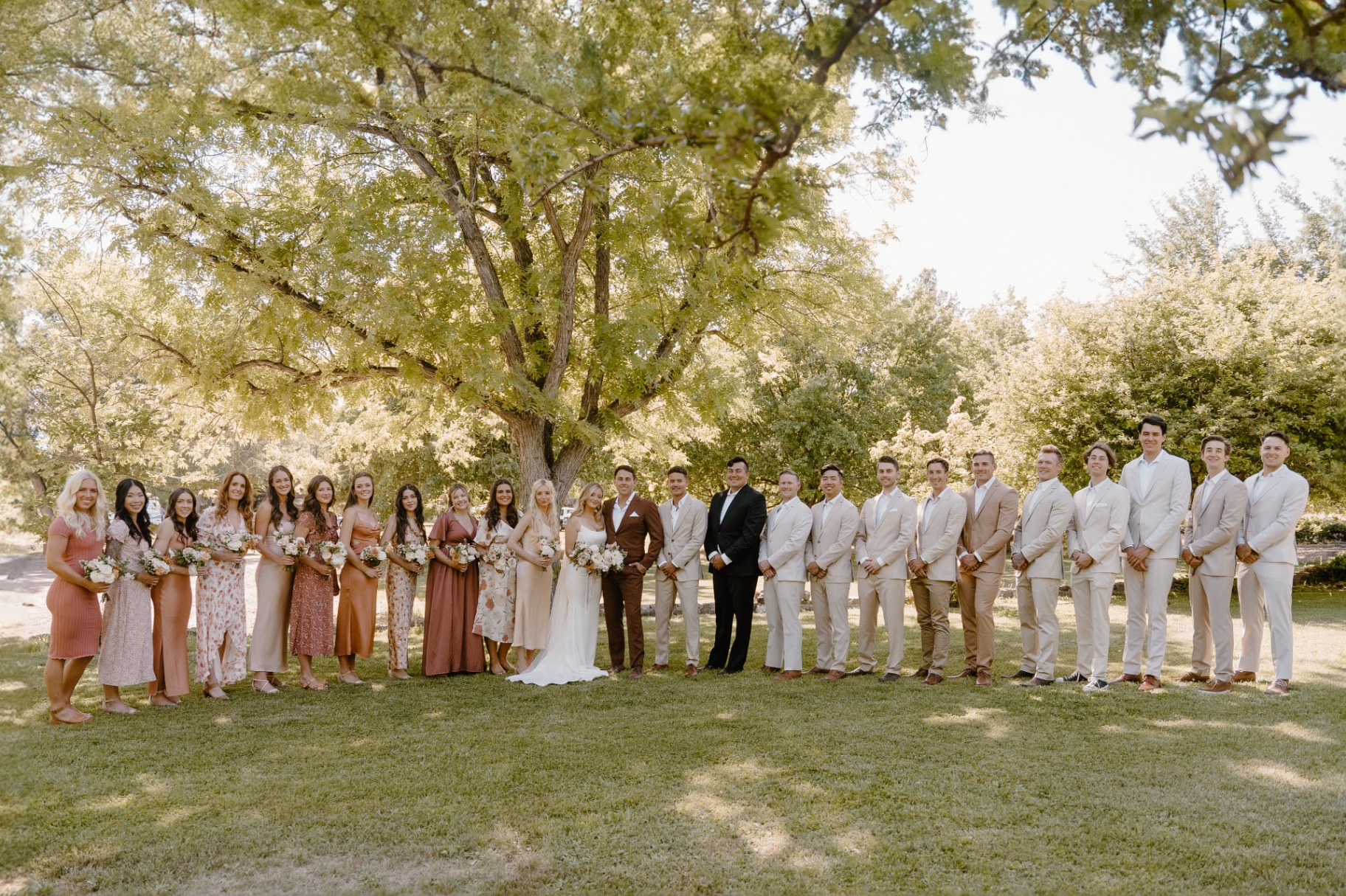 A wedding party lined up outdoors beneath large green trees