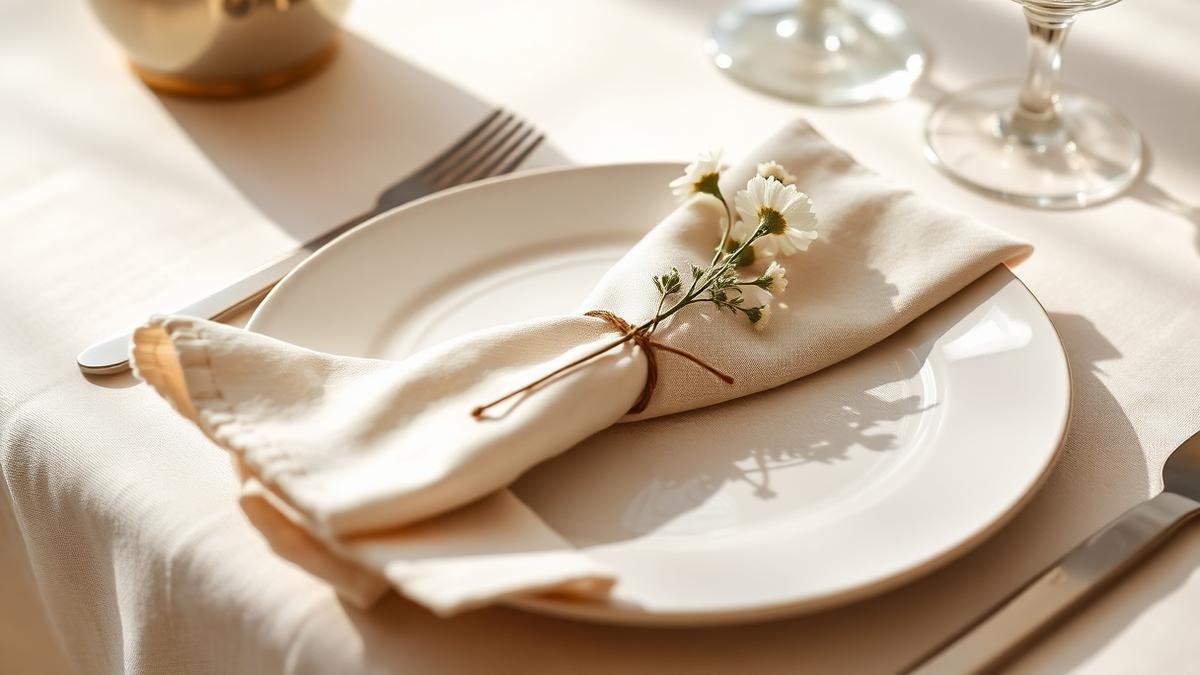 A linen napkin, place setting, and single-stem flower arrangement