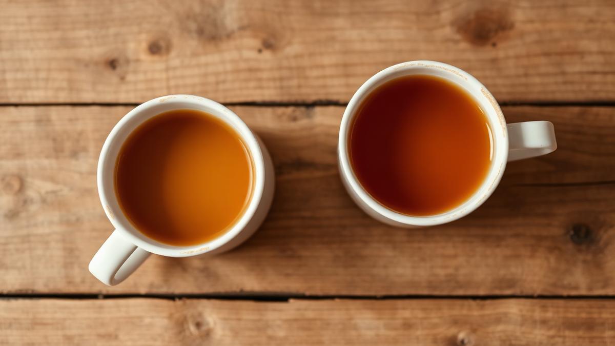 Two ceramic mugs of tea on a rustic wooden table