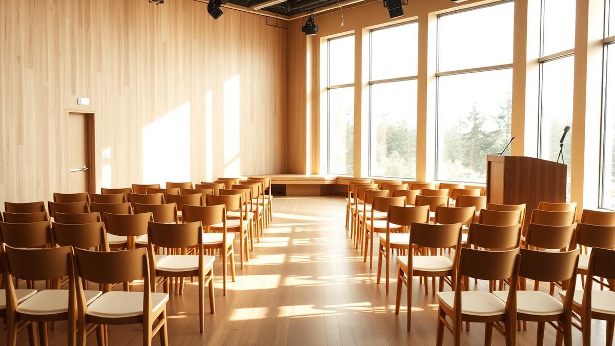 A light-filled event room with wooden chairs facing a lectern